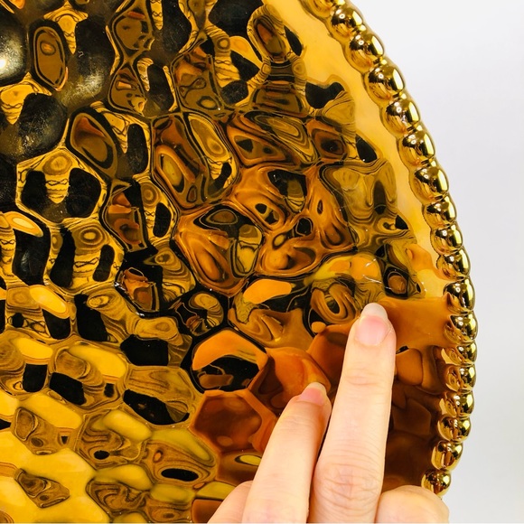 Gold Porcelain Decorative Plate Egg Shape Bubble Trim Edge Centerpiece Home PRC - Picture 10 of 10